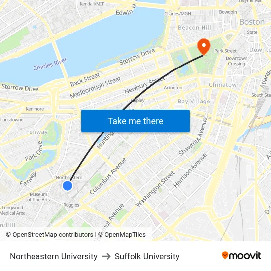 Northeastern University to Suffolk University map