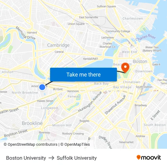 Boston University to Suffolk University map