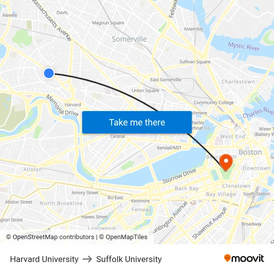 Harvard University to Suffolk University map