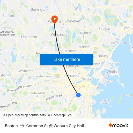 Boston to Common St @ Woburn City Hall map