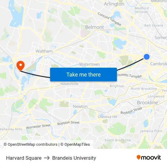 Harvard Square to Brandeis University map