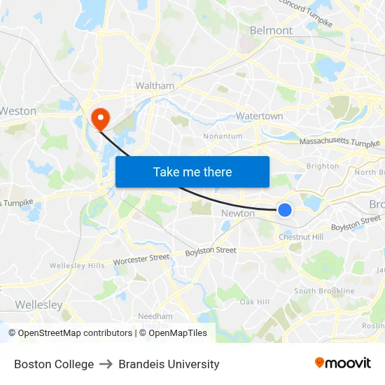 Boston College to Brandeis University map