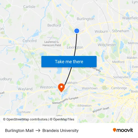 Burlington Mall to Brandeis University map