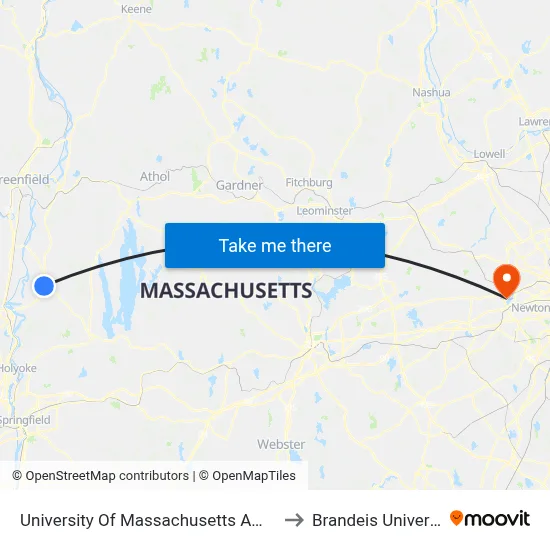 University Of Massachusetts Amherst to Brandeis University map
