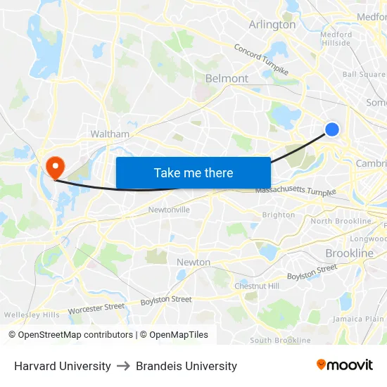 Harvard University to Brandeis University map