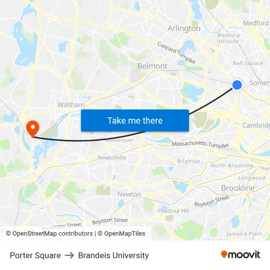 Porter Square to Brandeis University map