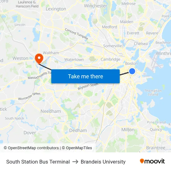 South Station Bus Terminal to Brandeis University map