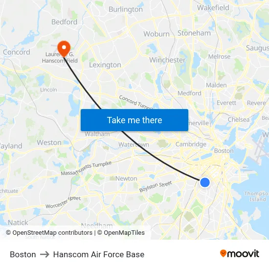Boston to Hanscom Air Force Base map
