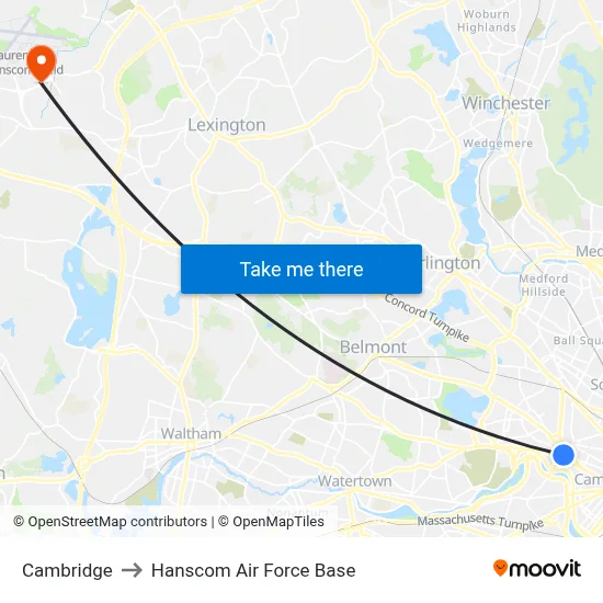 Cambridge to Hanscom Air Force Base map