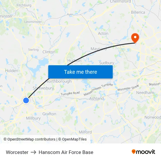 Worcester to Hanscom Air Force Base map