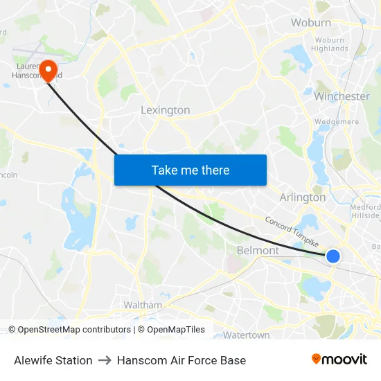 Alewife Station to Hanscom Air Force Base map