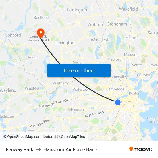 Fenway Park to Hanscom Air Force Base map