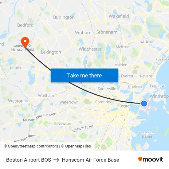 Boston Airport BOS to Hanscom Air Force Base map
