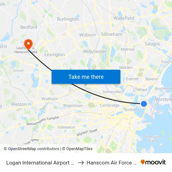 Logan International Airport (BOS) to Hanscom Air Force Base map