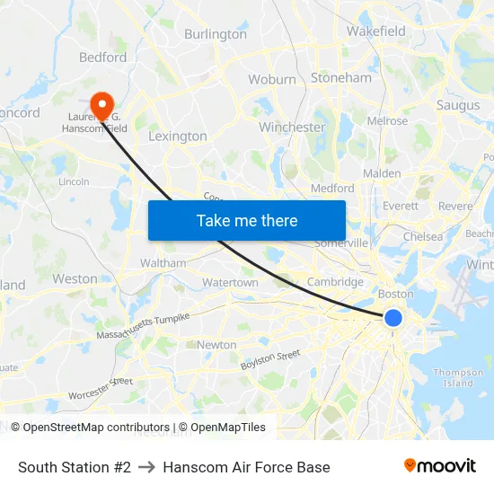 South Station #2 to Hanscom Air Force Base map