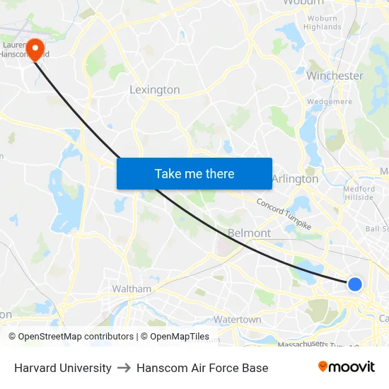 Harvard University to Hanscom Air Force Base map