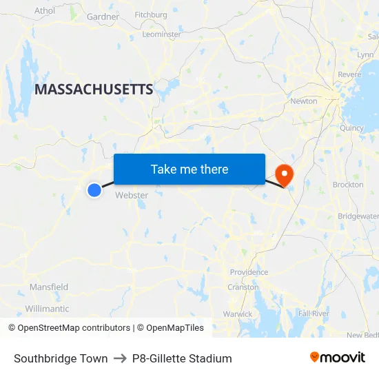 Southbridge Town to P8-Gillette Stadium map