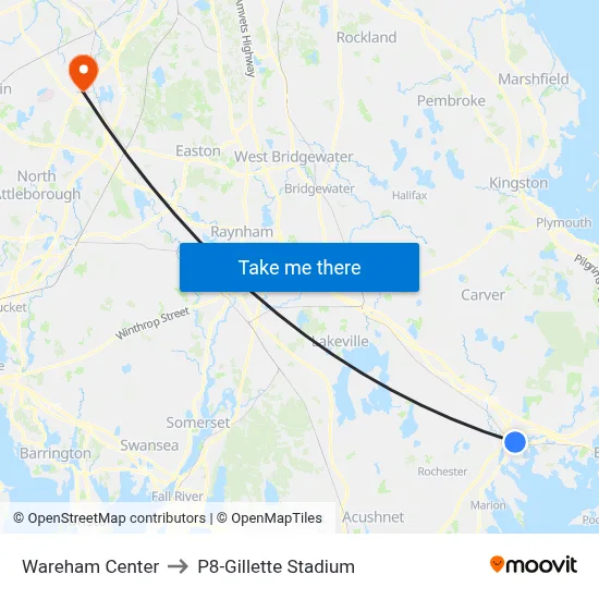 Wareham Center to P8-Gillette Stadium map