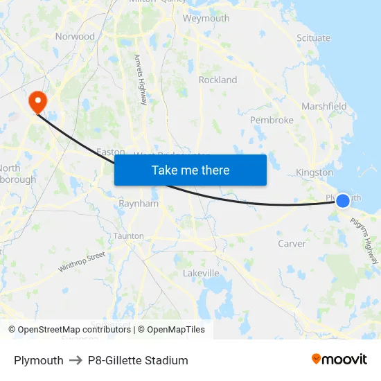 Plymouth to P8-Gillette Stadium map