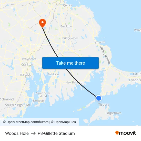 Woods Hole to P8-Gillette Stadium map