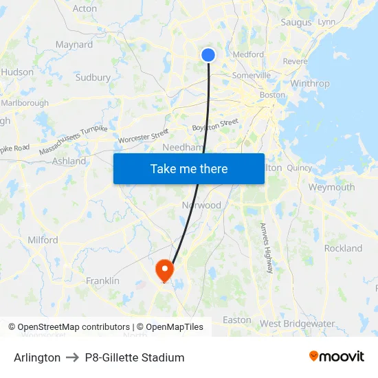 Arlington to P8-Gillette Stadium map
