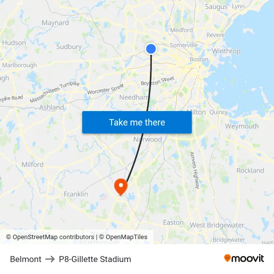Belmont to P8-Gillette Stadium map