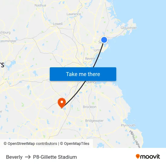 Beverly to P8-Gillette Stadium map