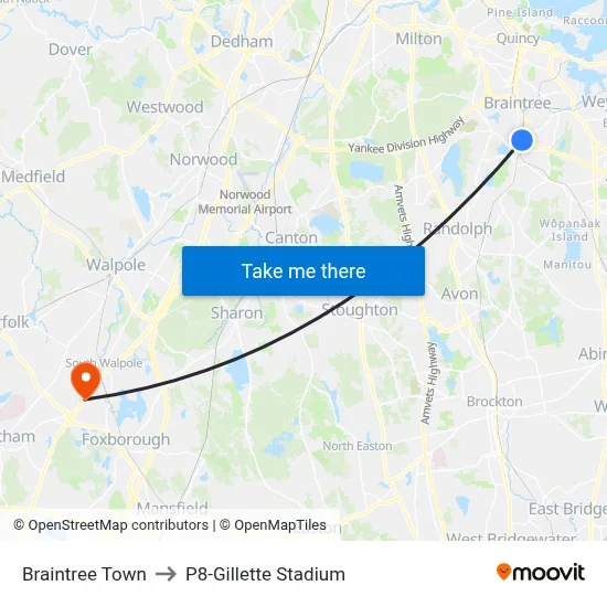 Braintree Town to P8-Gillette Stadium map