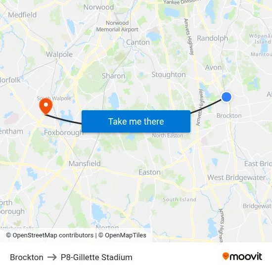 Brockton to P8-Gillette Stadium map