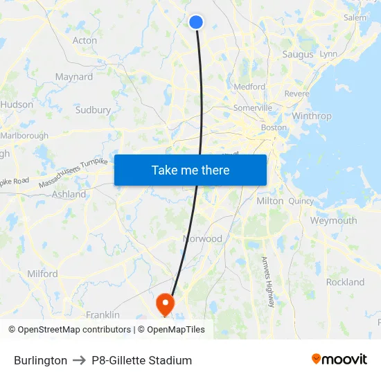 Burlington to P8-Gillette Stadium map