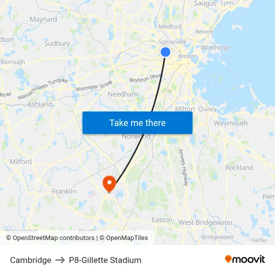 Cambridge to P8-Gillette Stadium map