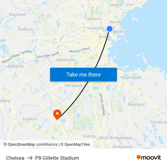 Chelsea to P8-Gillette Stadium map