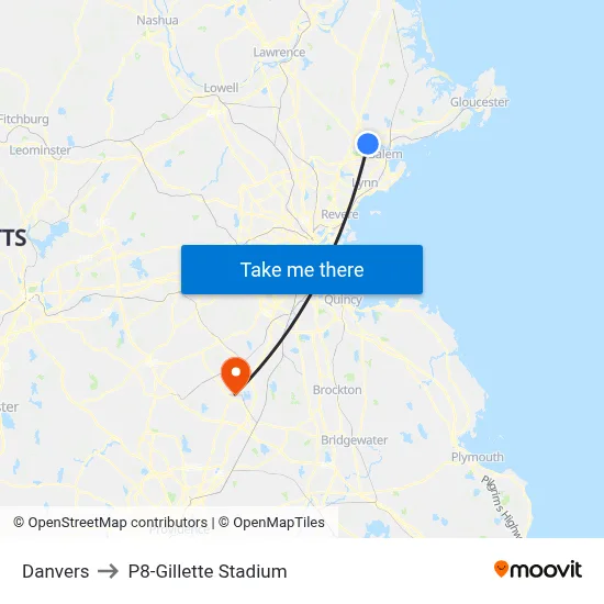 Danvers to P8-Gillette Stadium map