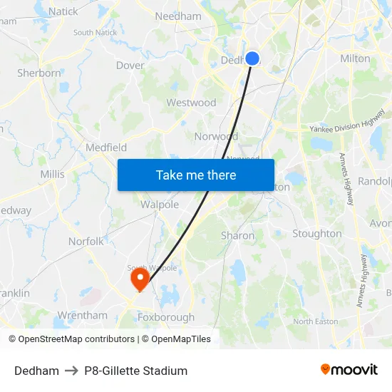 Dedham to P8-Gillette Stadium map