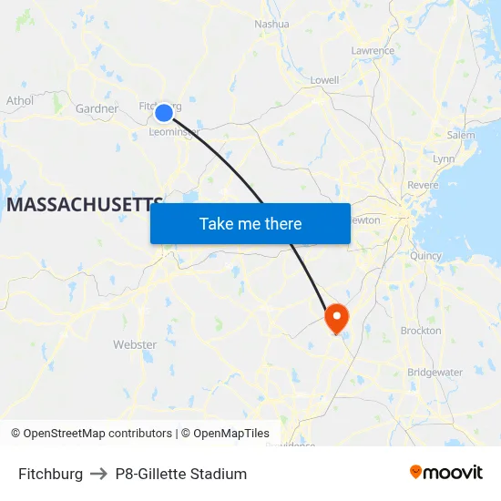 Fitchburg to P8-Gillette Stadium map