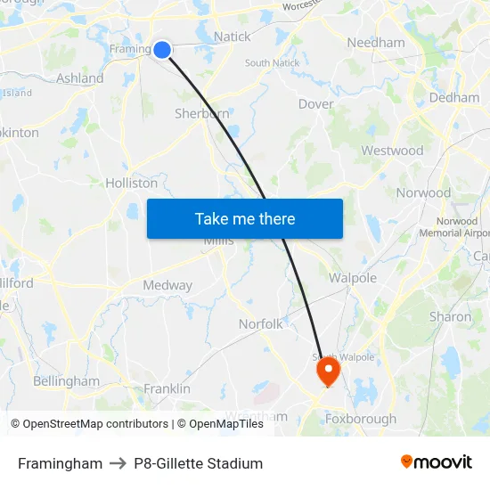 Framingham to P8-Gillette Stadium map