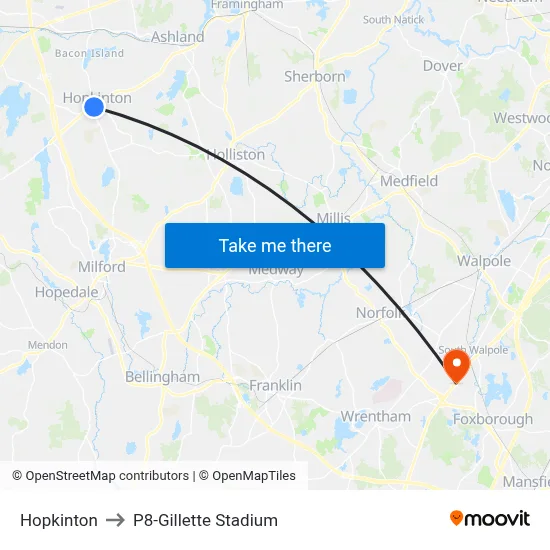 Hopkinton to P8-Gillette Stadium map