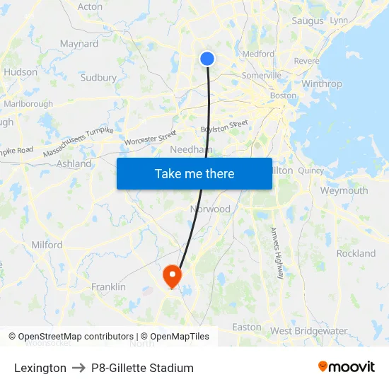 Lexington to P8-Gillette Stadium map