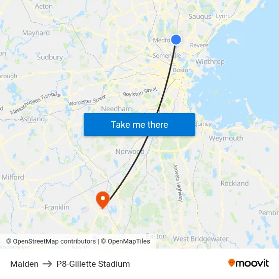 Malden to P8-Gillette Stadium map