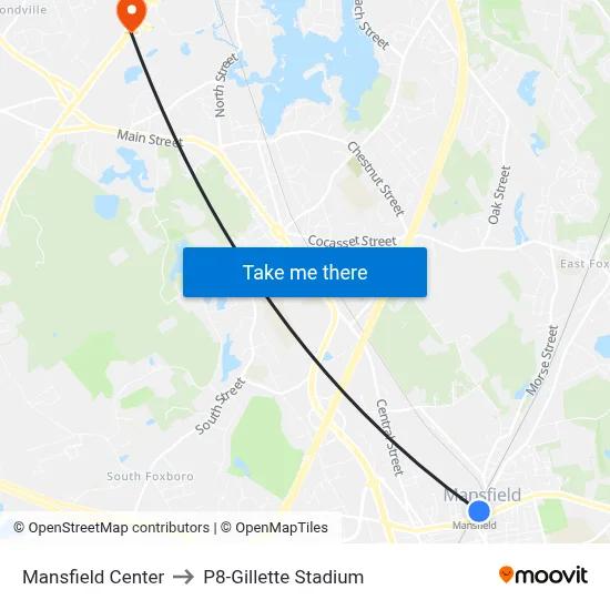 Mansfield Center to P8-Gillette Stadium map