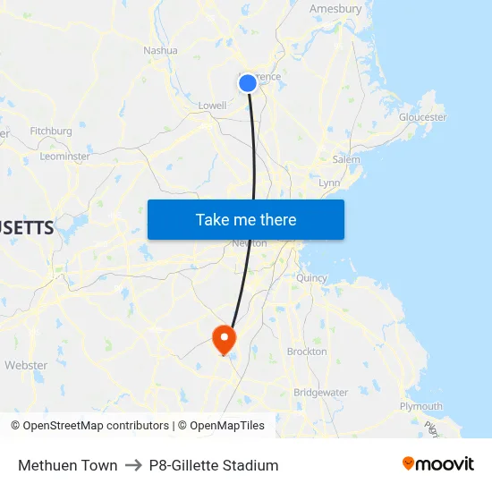 Methuen Town to P8-Gillette Stadium map