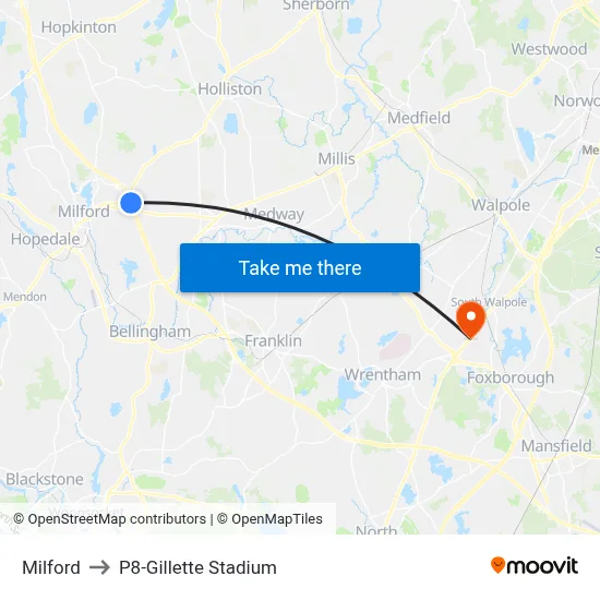 Milford to P8-Gillette Stadium map