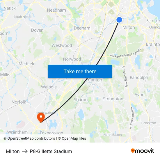 Milton to P8-Gillette Stadium map