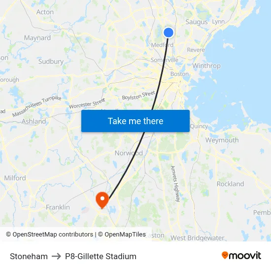 Stoneham to P8-Gillette Stadium map