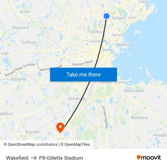 Wakefield to P8-Gillette Stadium map