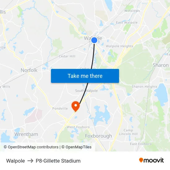 Walpole to P8-Gillette Stadium map