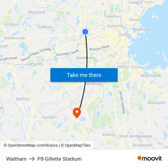 Waltham to P8-Gillette Stadium map