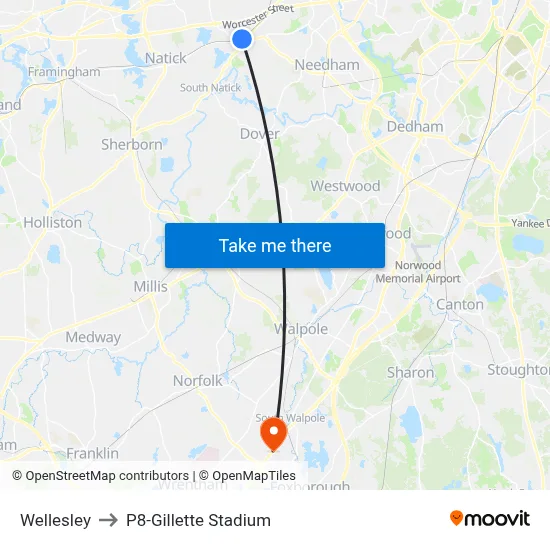 Wellesley to P8-Gillette Stadium map