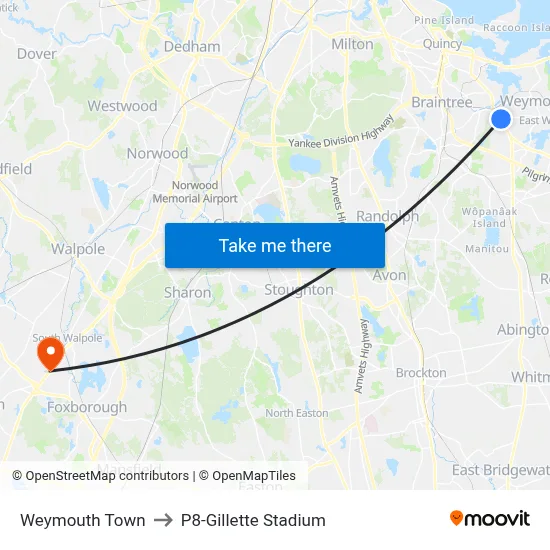 Weymouth Town to P8-Gillette Stadium map
