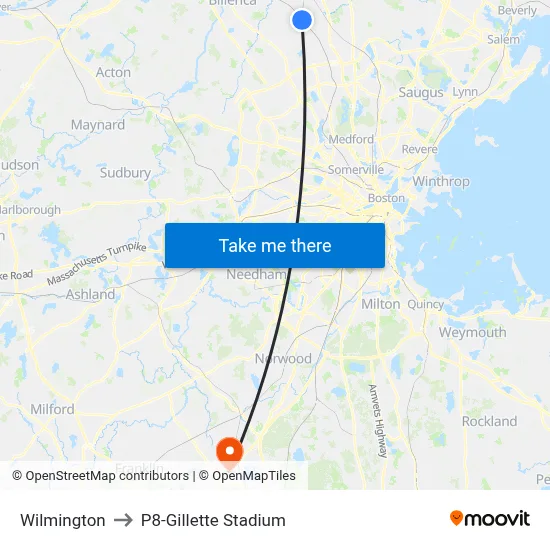 Wilmington to P8-Gillette Stadium map